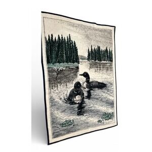 Vintage Biederlack of America Loon Lake Fleece Blanket Green Navy Blue Cabin USA